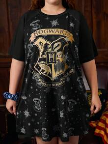 HARRY POTTER X SHEIN 大尺碼夏季短袖睡袍 - 黑色 - 查看 3