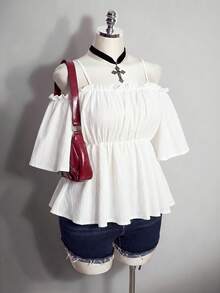 SHEIN ICON Top Babydoll de Talla Grande unicolor con Hombros Descubiertos y Tirantes de Espagueti - Blanco - Ver 5
