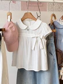 Elamini Women's Solid Color Peter Pan Collar Bowknot Decor Short Sleeve Blouse Everyday Date White Summer Cute - White - View 3