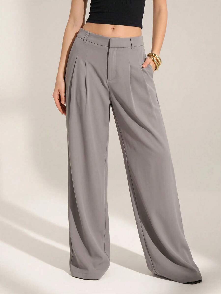 SHEIN Tall 「Old Money Style」性感商務休閒高腰百褶寬腿長褲，優雅素色寬鬆修身女款上班通勤工作褲 - 灰色 - 查看 1
