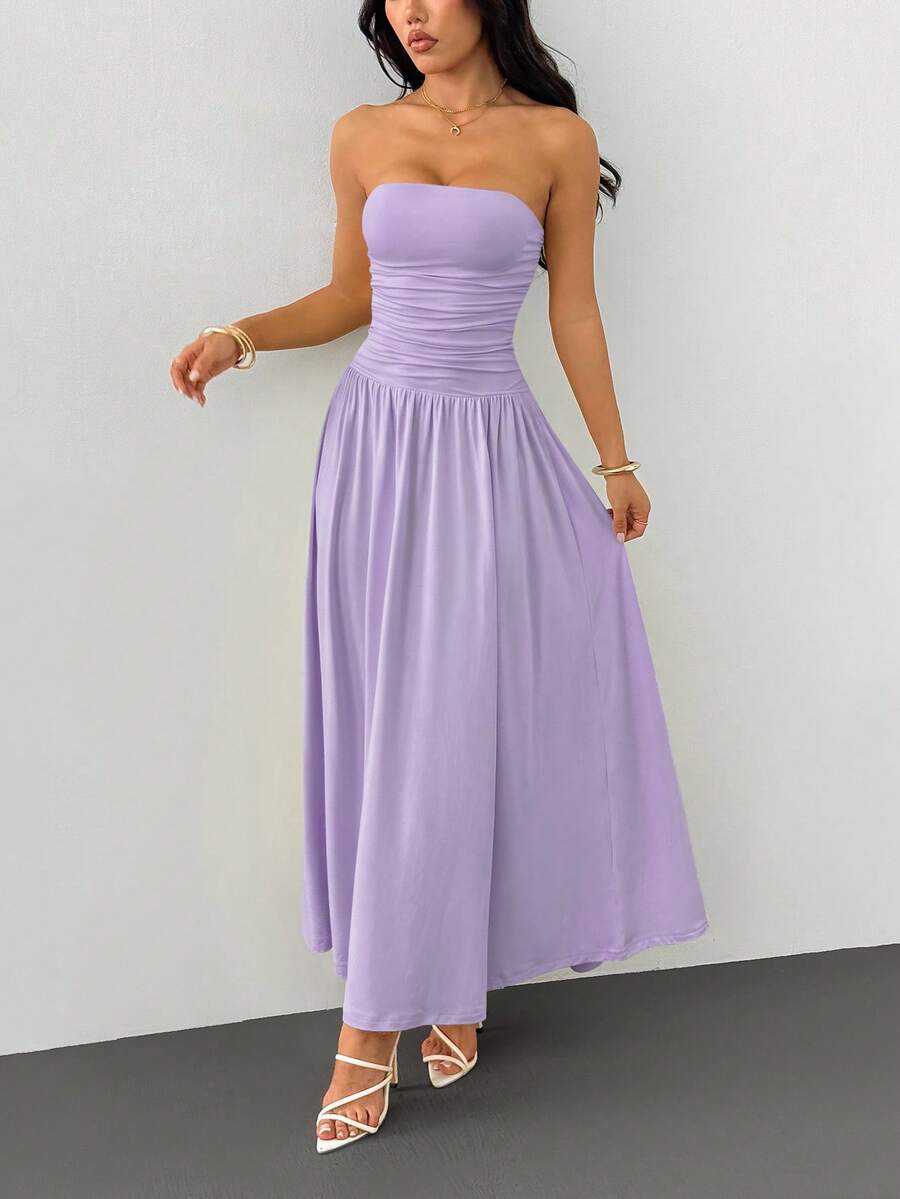 SHEIN PETITE Gaun Elegan Wanita Model Bandeau Berlipit Warna Polos - Mauve Purple - View 1