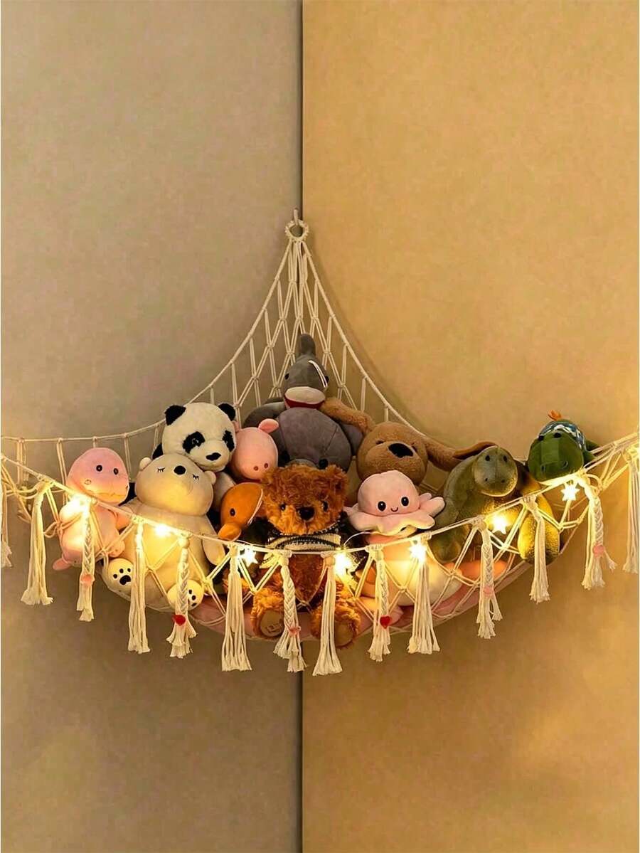 SHEIN 1 件波西米亚风毛绒动物玩具吊床 Macrame 大号转角网格玩具收纳挂墙玩具收纳架适用于卧室装饰,奶油色(不含灯串)39.4 英寸 X 39.4 英寸 X 59 英寸 - 白色 - 查看 1