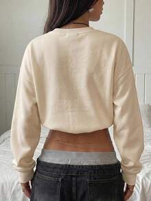 SHEIN EZwear 休閒極簡虎紋印花杏色圓領長袖加厚寬鬆女款運動衫，適合秋冬穿著 - 杏色 - 查看 2