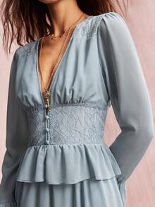Willow Rêve Women's Dusty Blue V Neck Long Sleeve Maxi Dress Lace Patchwork Ruffle Peplum Tiered Hem Romantic Elegant Autumn Wedding Brunch Tea Party Gown - Green - View 7