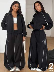 SHEIN PETITE CURVE Plus Size Women's Contrast Color Zipper Long Sleeve Top And Pants Casual Everyday 2 Pieces Set - Black - View 5