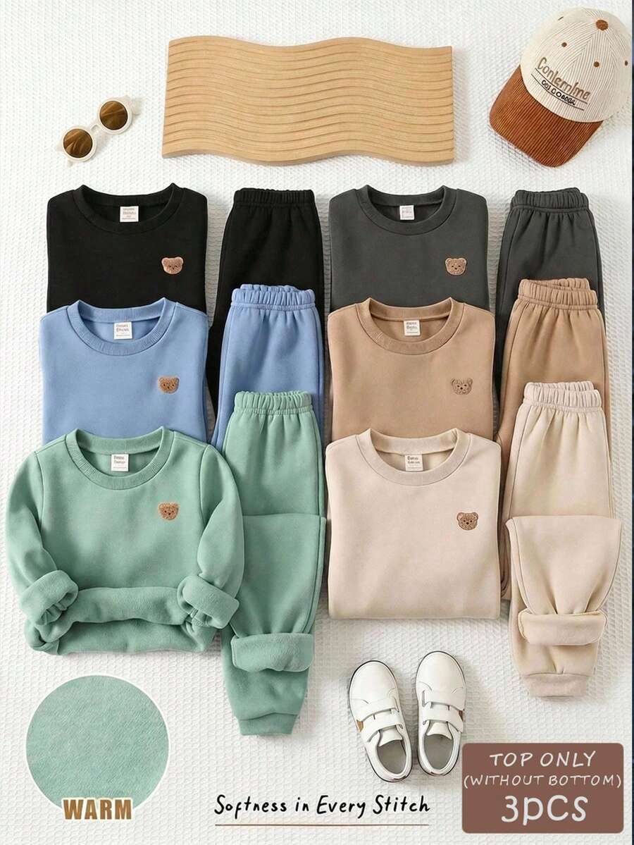 SHEIN Kids 3pcs Young Boys Cute Casual Bear Embroidered Patch Crew Neck Sweatshirt - Multicolor - View 1