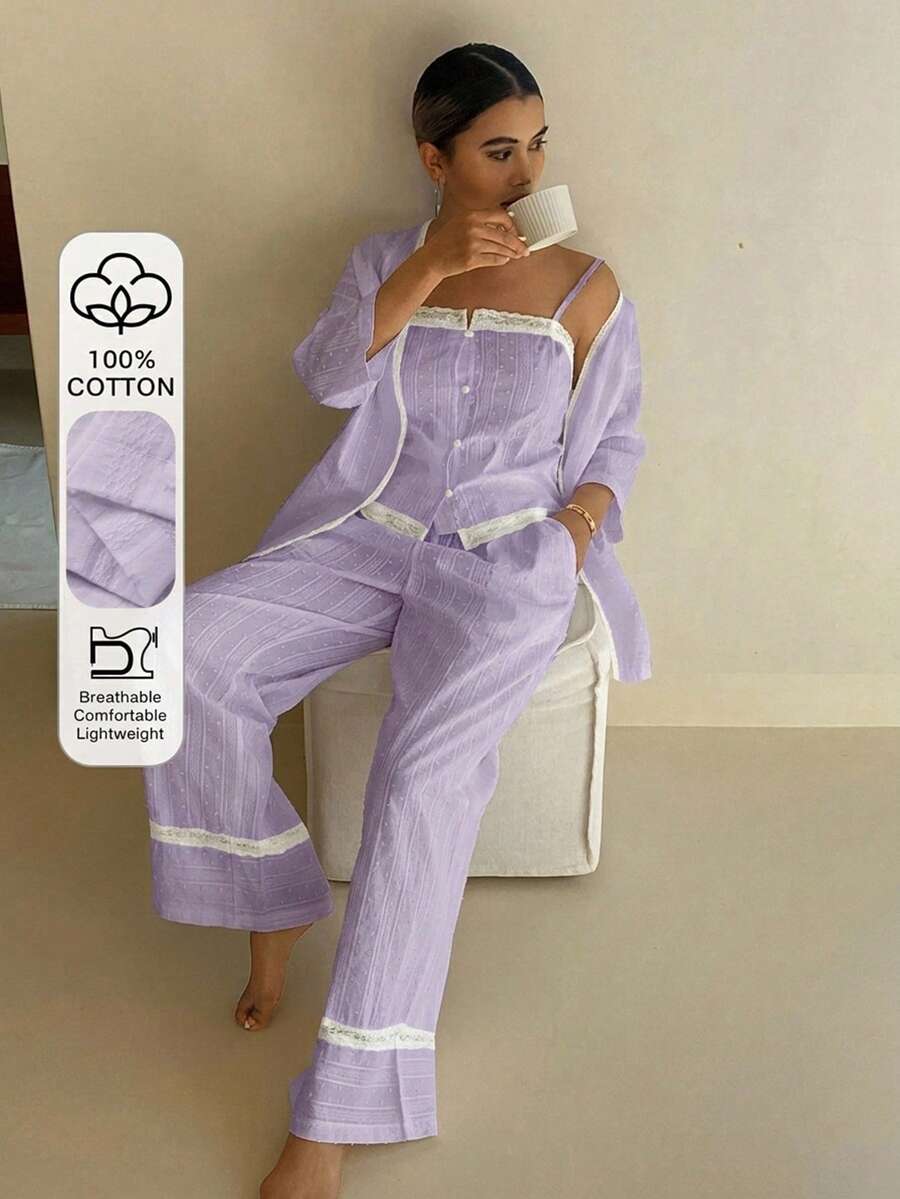 DAZY 3-Piece Vacation Style 3D Polka Dot Textured Fabric Women's Pajama Set - Mauve Purple - View 1