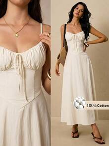 Poéselle Elegant French Flowy Solid Slip Dress For Women 100 Soft Cotton Fabric Pleated Design Front Tie Detail Versatile Back To School Wedding Cream White - Apricot - View 2