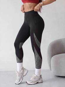 SHEIN Sports Women's Colorblock High Waist Sports Leggings With Pockets - Multicolor - View 5