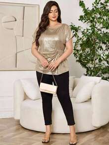 Reflora Plus Size Women's Champagne Casual Solid Color Batwing Sleeve Ruched Waist Blouse, Simple Plus Size Shirt Suitable For Parties - Gold - View 6