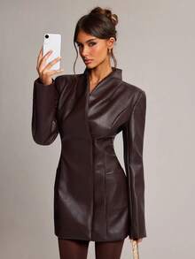 SHEIN BAE Jaket Blazer Wanita Warna Polos Kasual Serbaguna untuk Perjalanan Sehari-hari - Coklat - View 3