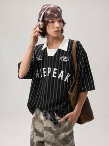 Vaulklash Casual Sports Baseball Polo Shirt, Letter Print, Contrast Color, Short Sleeve Crop Tee For Men - Black - View 1
