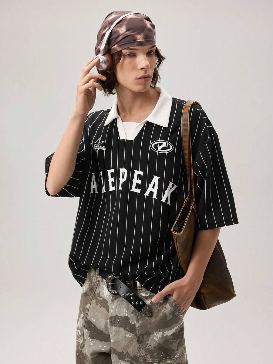Vaulklash Casual Sports Baseball Polo Shirt, Letter Print, Contrast Color, Short Sleeve Crop Tee For Men - Black - View 1