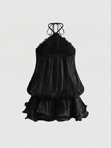 Sweetness Romantic Chiffon Halter Neck Lace Patchwork Lightweight Ruffle Hem Women's Mini Dress - Black - View 2