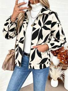SHEIN Holidaya Women's Black White Abstract Leaf Print Lapel Collar Loose Casual 1920 Vintage Short Zip-Up Composite Fleece Long Sleeve Jacket Going Out Autumn - Multicolor - View 4