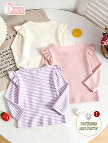 3PCS Baby Girls Bow Printed Flutter Sleeves Tops - Multicolor - View 2