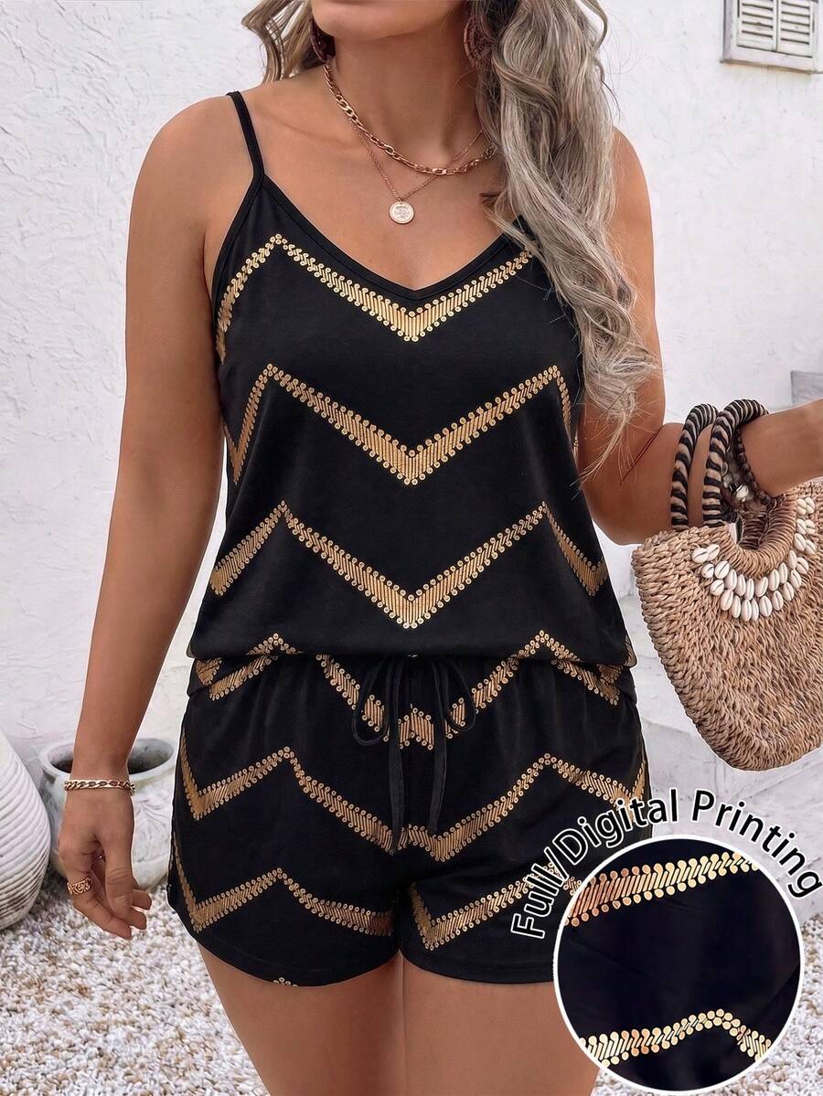 SHEIN LUNE Conjunto de 2 piezas de talla grande con estampado de rayas onduladas degradadas, de uso versátil y casual para mujer - Multicolor - Ver 1