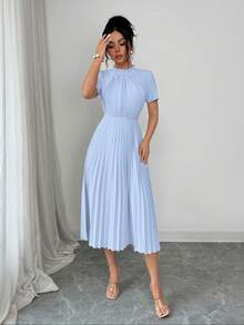 Elenzga Women's Spring/Summer Elegant Apricot Pearl Design Ruffle Collar Pleated Waist Fitted Long Dress - Blue - View 8