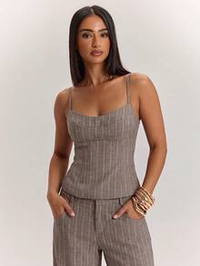 SHEIN BAE Women's Striped Fitted Casual Camisole - Khaki - View 5