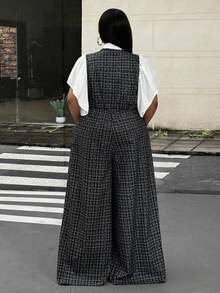 Mawevolt Sleeveless Tank Top Wide Leg Jumpsuit + White Puff Sleeve Blouse 2-Piece Set, Preppy Commuter Outfit, Plus Size Women's Set - Black and White - View 3