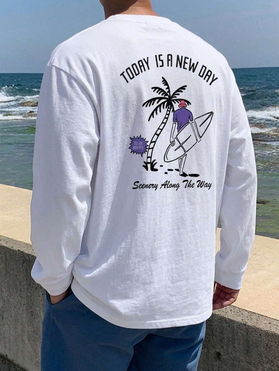 DAZY 夏季海灘衝浪圖案印花白色男士T恤 - 白色 - 查看 1