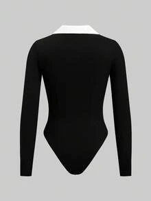 SHEIN EZwear 女款休閒極簡馬標誌印花 2合1襯衫領連身衣，圖案款，適合返校、日常、畢業，黑白配色，秋季 - 彩色 - 查看 2