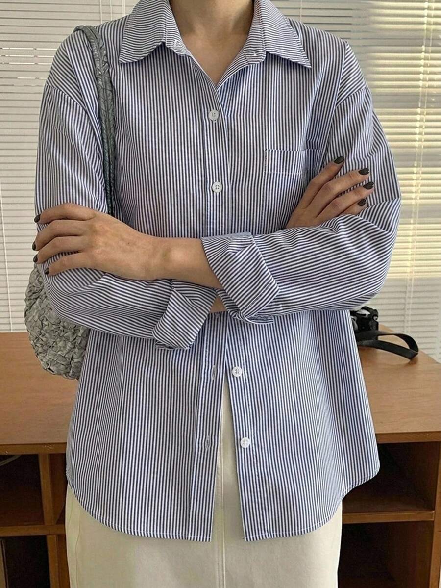 DAZY 秋季休閒條紋長袖襯衫 - 藍色 - 查看 1