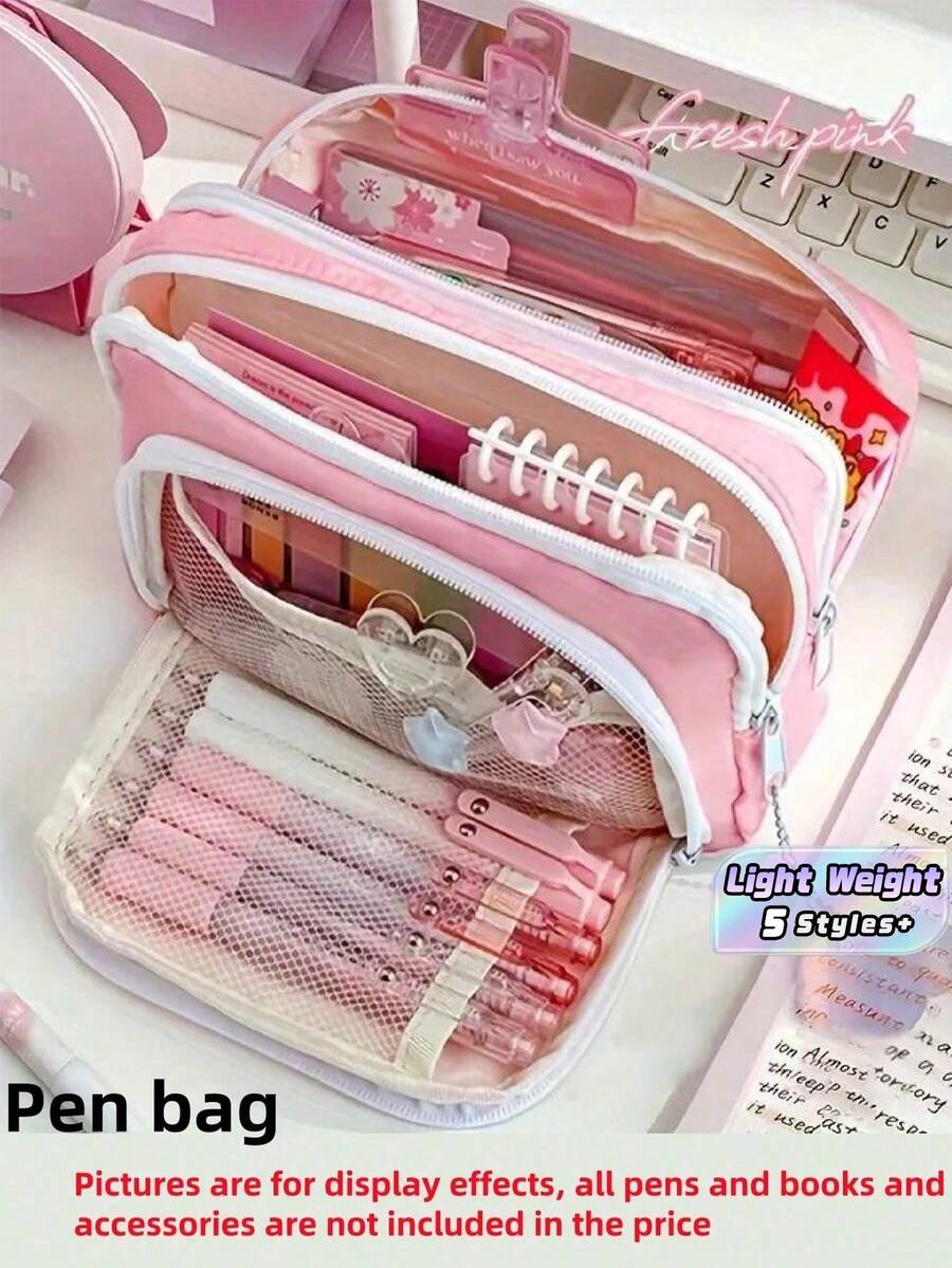 1pc Double Layer Colored Pencil Box Pencil Case Double Layer Front Open Pocket Storage Bag 22cm*13.5cm Suitable For Office And School, Decorations,Pink,School Stuff.