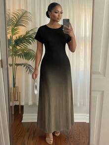 SHEIN Lady CURVE 大尺碼女款漸層色圓領短袖休閒洋裝 - 彩色 - 查看 5