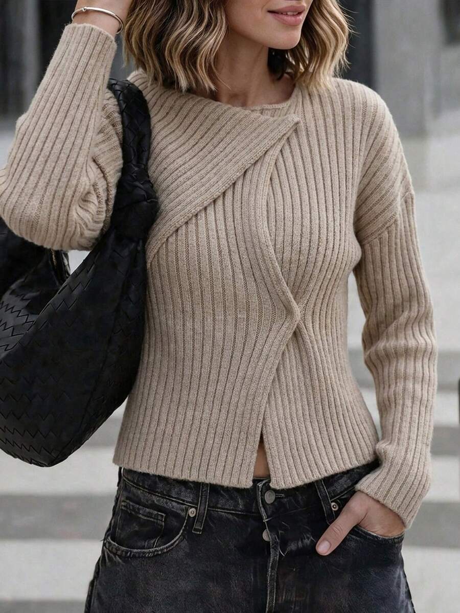Balvessa Women's Solid Color Drop Shoulder Long Sleeve Single-Breasted Knit Thin Cardigan - Khaki - View 1