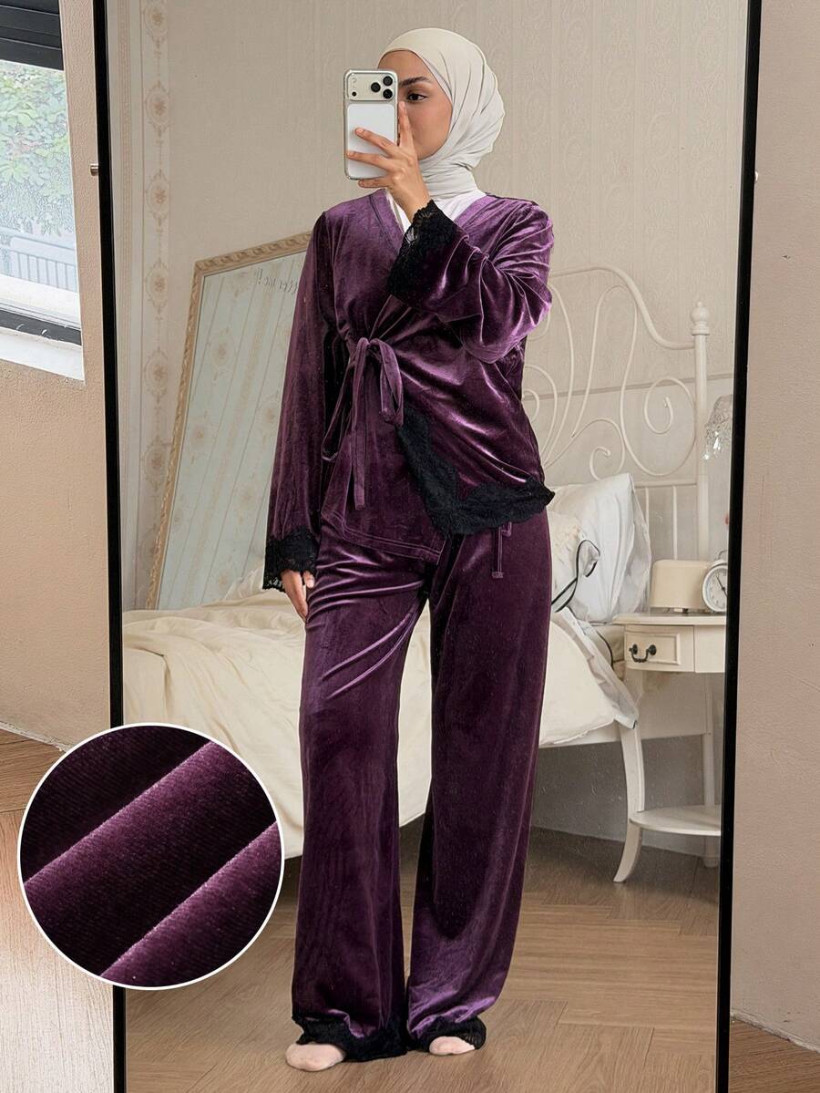 DAZY Women's Elegant Velvet & Lace Patchwork Pajama Set, Autumn/Winter - Purple - View 1