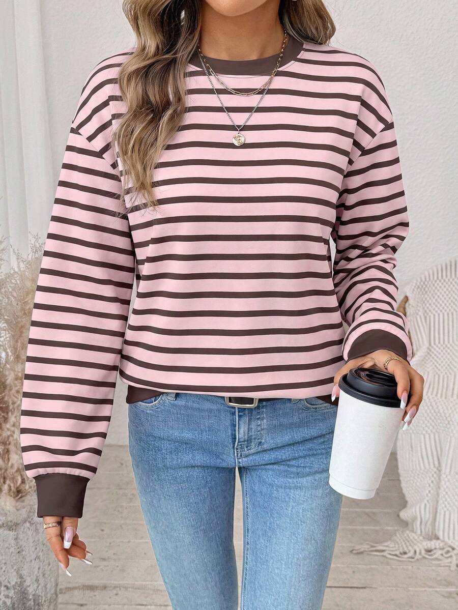 SHEIN LUNE 休閒極簡風粉色與棕色條紋印花女款運動衫 - 白色 - 查看 1