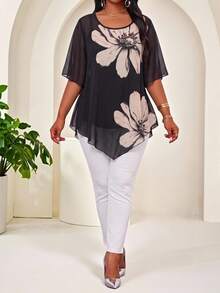 SHEIN Lady CURVE Plus Size Elegant Traditional Commuter Formal Birthday Black Blouse Summer - Multicolor - View 3