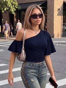 SHEIN ICON 女款素色不對稱領休閒百搭日常上衣 - 藏蓝色 - 查看 2