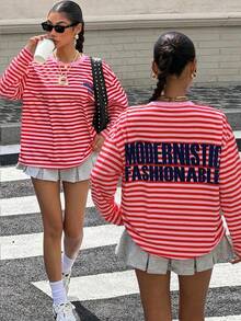 Muchica Women's Letter Stripe Print Round Neck Drop Shoulder Long Sleeve Casual T-Shirt - Red - View 1