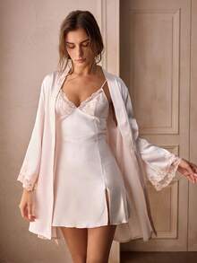 Charlaine Women Pajama Sets Berikat Kontras Lace Split Plain Anggun - Sampanye - View 4