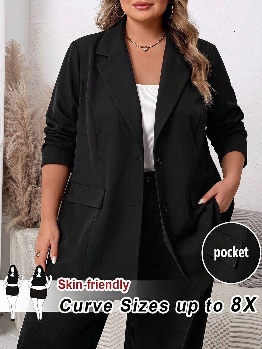SHEIN CURVE+ Plus Size Solid Color Front Button Belted Elegant Business Casual Long Sleeve Blazer Jacket,Summer, 2026 22W Office Dates Formal Black - Black - View 1