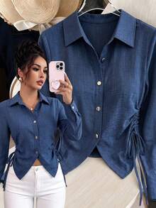 SHEIN Elenzya 女款時尚單排扣抽繩綁帶長袖襯衫 - 藍色 - 查看 2