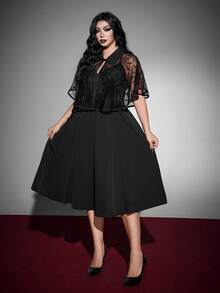 Whyspr Plus Size Women's Lapel + Tie Spider Web Pattern 2 Pieces Set, Halloween Party, Gothic / Punk, Subculture Daily Personalized Outfit Halloween Goth - Black - View 5