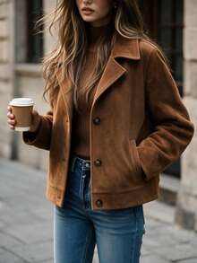 SHEIN Autumn/Winter Shades Of Brown Matte Suede Texture Notch Lapel Single-Breasted Loose Long Sleeve Casual Jacket, Minimalist Commuter Style Daily Wear - Coffee Brown - View 5