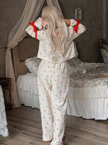 CottageSlumber Red And White Checkered Cherry Print Pajama Set, Sweet Tie Bow Cuffs Ruffle Hem Long Pants Loungewear 2 Pieces Set Sleep Autumn Cute Kawaii - Multicolor - View 2