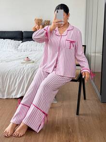 Napfluff CURVE Napfluff CURVE Sweet Fresh Pink & White Striped Colorblock Bow Plus Size 2 Pieces Pajama Set - Pink - View 1