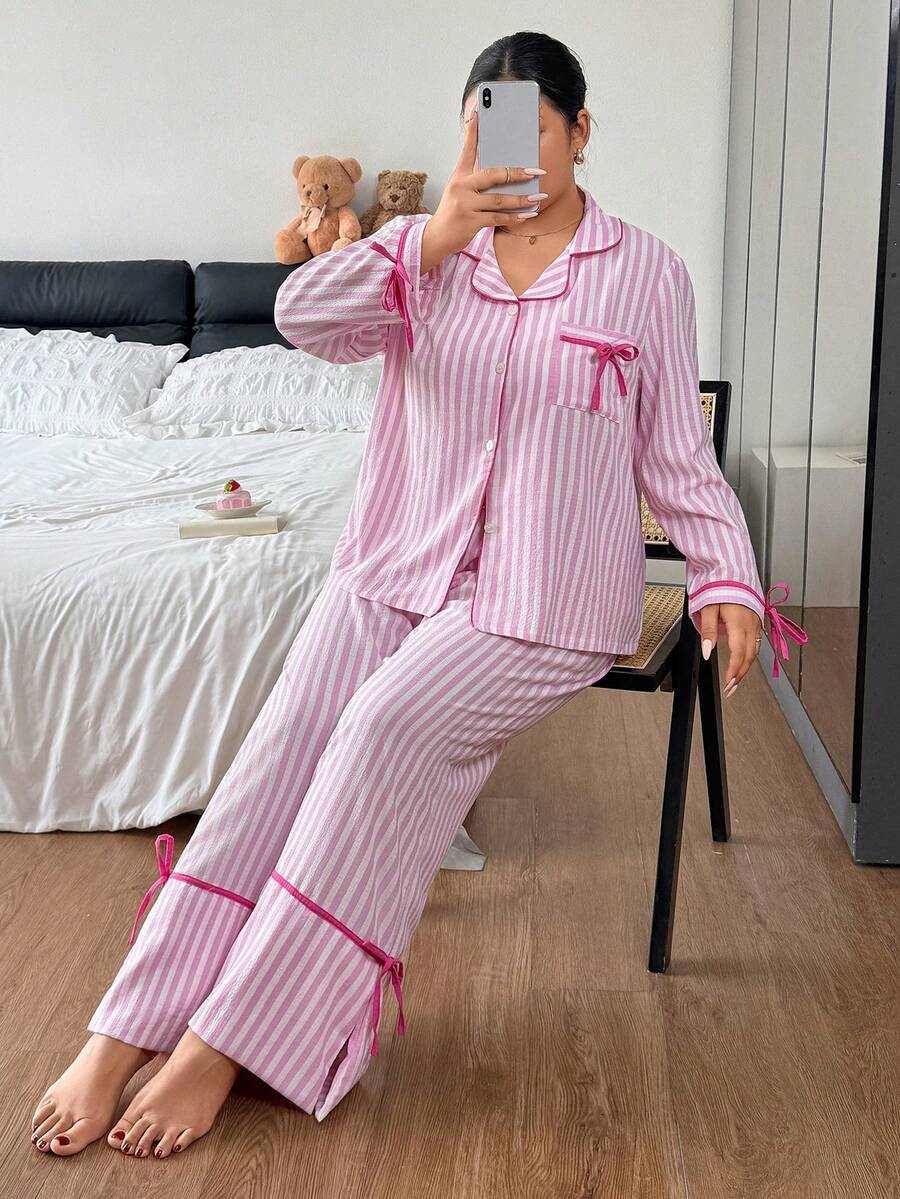 Napfluff CURVE Napfluff CURVE Sweet Fresh Pink & White Striped Colorblock Bow Plus Size 2 Pieces Pajama Set - Pink - View 1