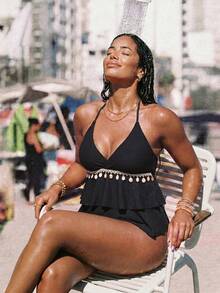 Swim Vcay Conjunto de Tankini de Talla Grande para Mujer con Halter y Adorno de Conchas para la Playa de Verano - Negro - Ver 6