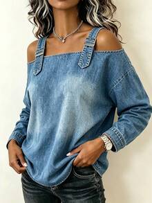 SHEIN Atasan Kasual Wanita Model Off-Shoulder dengan Motif Vintage - Biru - View 3