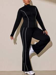 SHEIN Rhythm Era Women's Plus Size Color Block Long Sleeve Top And Flare Pants Casual Daily Sports Set Fall - Black - View 5
