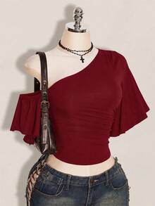 SHEIN ICON 女款素色不對稱領休閒百搭日常穿搭上衣 - 酒紅色 - 查看 3