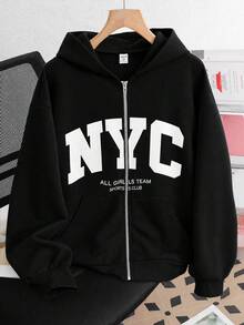 SHEIN 青少年女孩秋冬新款黑色針織時尚百搭字母印花休閒衛衣，返校季 - 黑色 - 查看 6