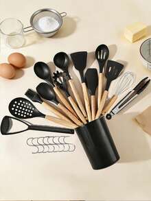 Haus Hana Silicone Kitchenware 24-Piece Wooden Handle Kitchen Silicone Set Shovel Spoon With Storage Barrel Non-Stick Non-Slip Kitchen Cooking Tools Combination Home. - Black - View 2