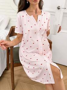 Moonlight&Mama Pink & White Fine Vertical Striped All-Over Print Small Red Heart V-Neck Front Button Loose Short Sleeve Maternity Nightgown Loungewear - Pink - View 5